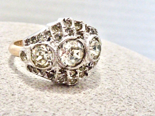ANTIQUE EDWARDIAN 10K YG ON STERLING SILVER SIZE 6.75 CLEAR STONE RING DECO RING