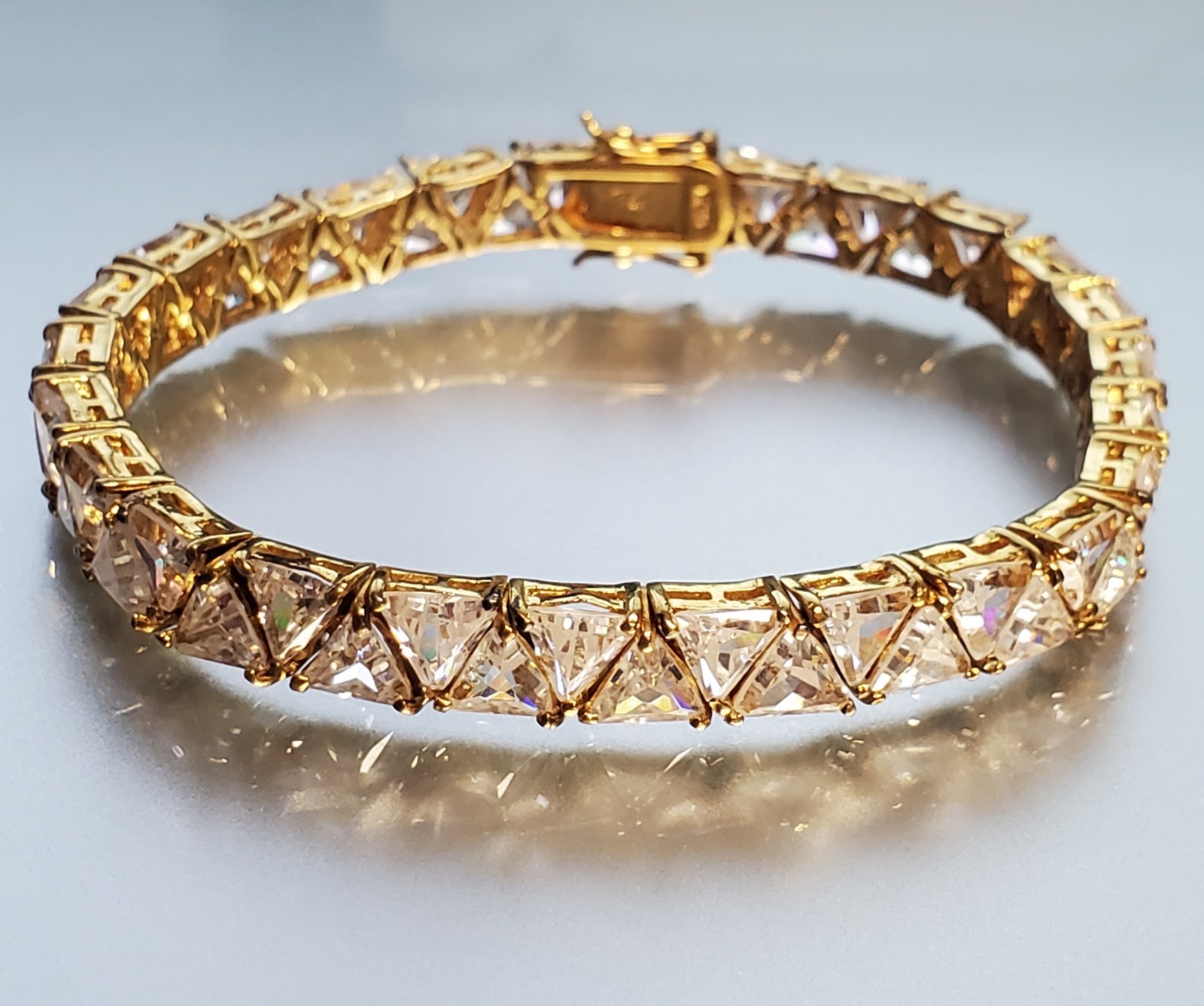 VTG 925 GL Trillion Cut Tennis Bracelet 7in Sterling Silver Vermeil 25gtw CZ