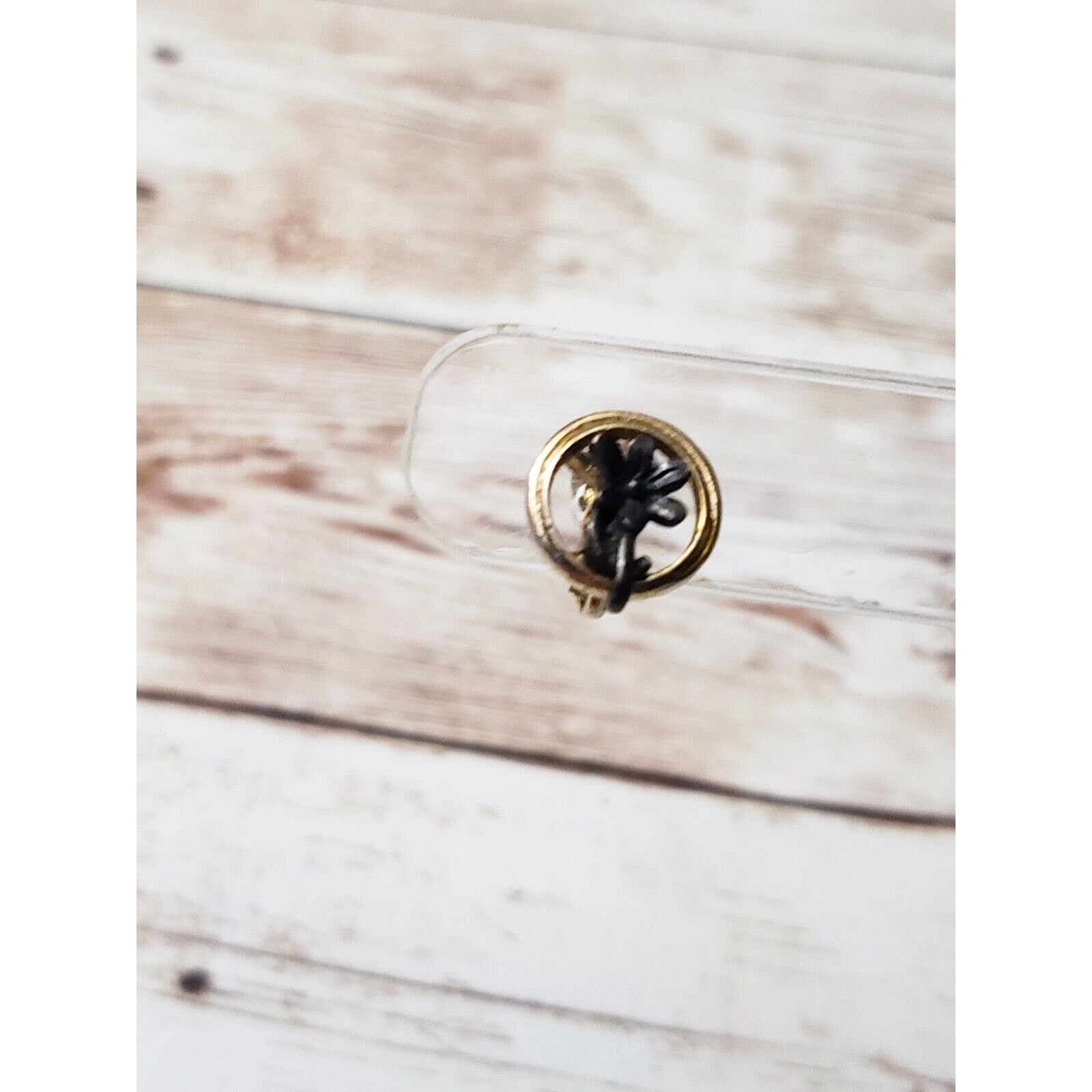Vintage Clip On Earrings – Small Gold Tone Circle with Dark Grey Flowers