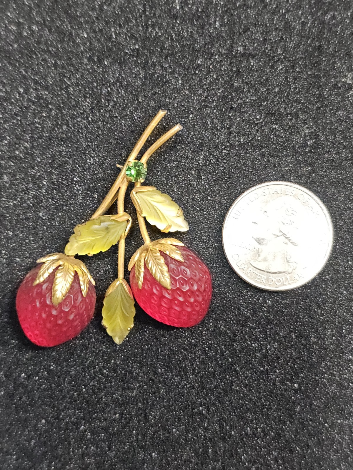 Vintage Austria Strawberry Brooch Frosted Red Glass Fruit Rhinestone Pin