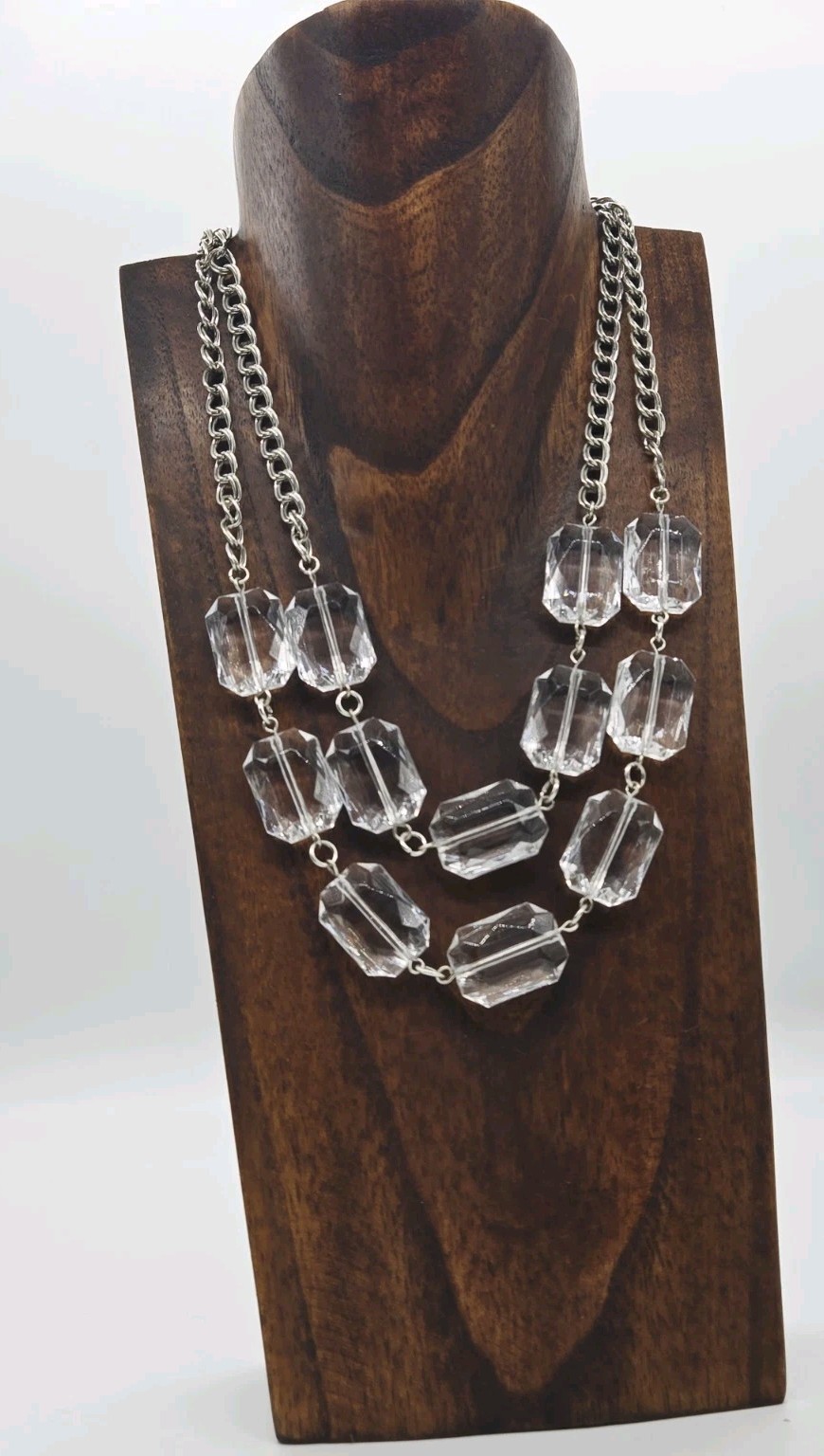 Clear Lucite Layered Necklace Silver tone Art Deco Link Chunky Macy’s 21 in