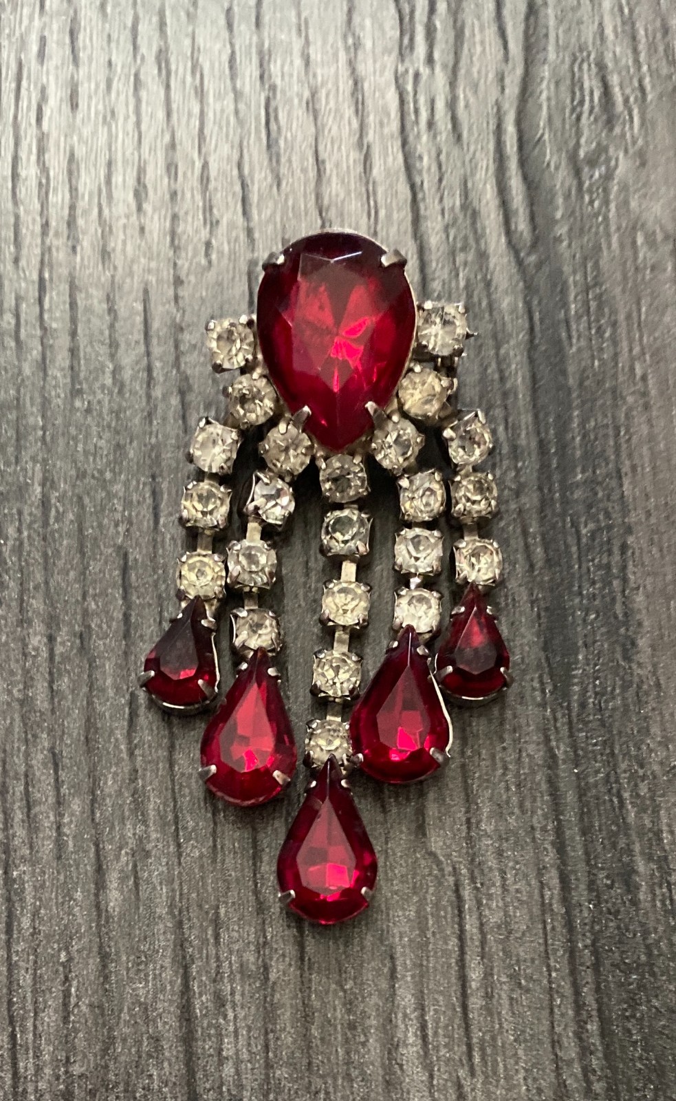 Vintage 50s 60s Czech Ruby Red & Clear Glass Rhinestone Dangle/Tassel Brooch Pin