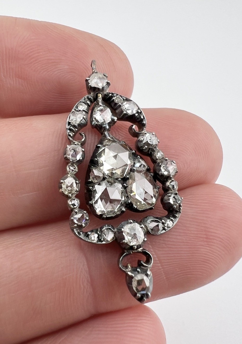 Antique Georgian Gold & Silver Rose Cut Diamond Cluster Dangle Pendant