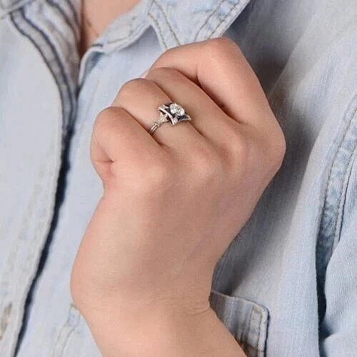 Art Deco Style Lab Created Diamond Engagement & Wedding 14K White Gold FN Ring