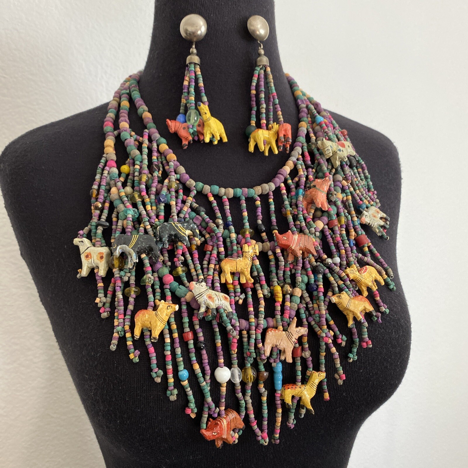 Vintage African Multi-Strand Wooden Carved Animal & Beads Necklace Earrings Set