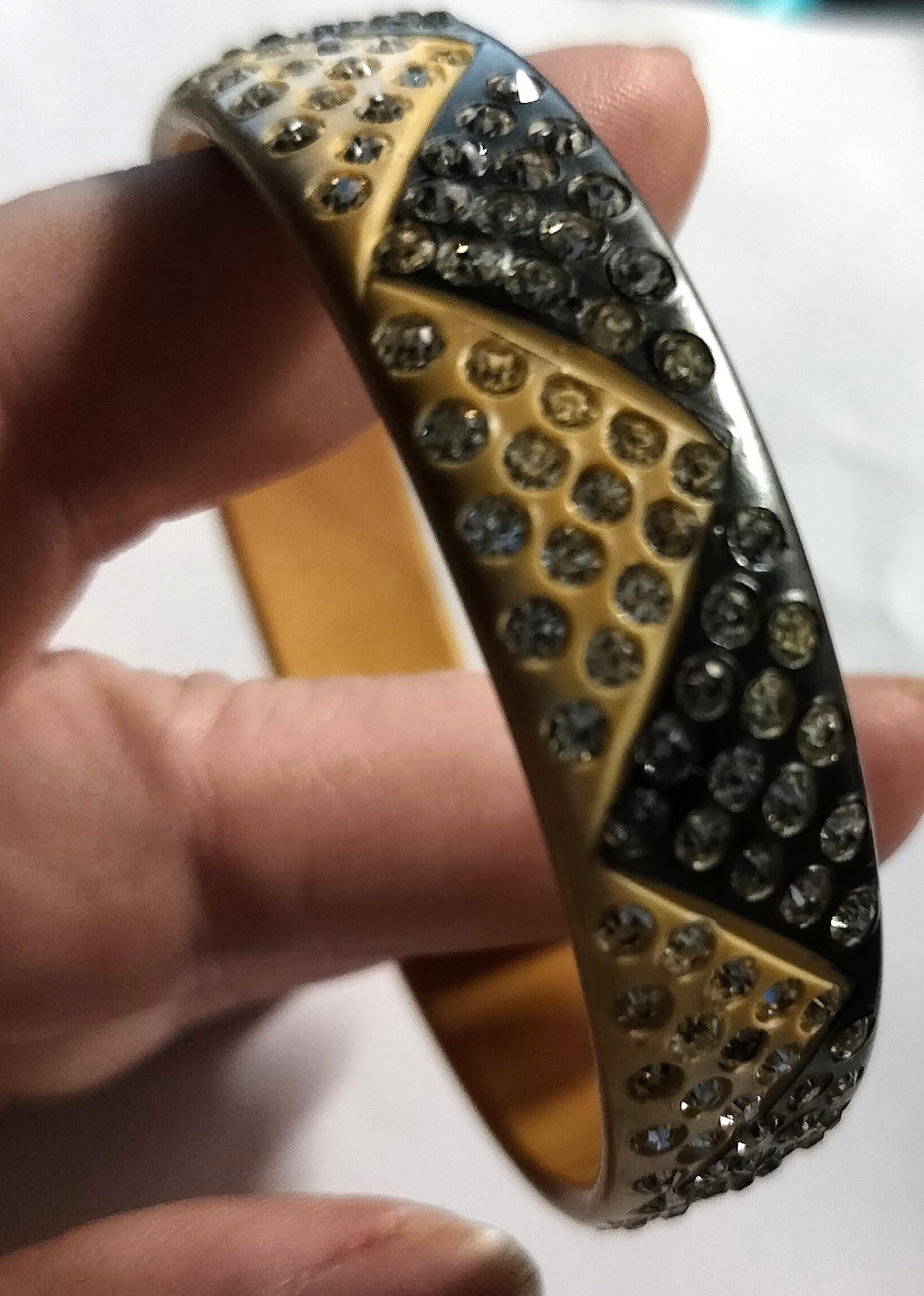 Antique Celluloid Rhinestone Bracelet -Chevron Pattern -Black & Ivory