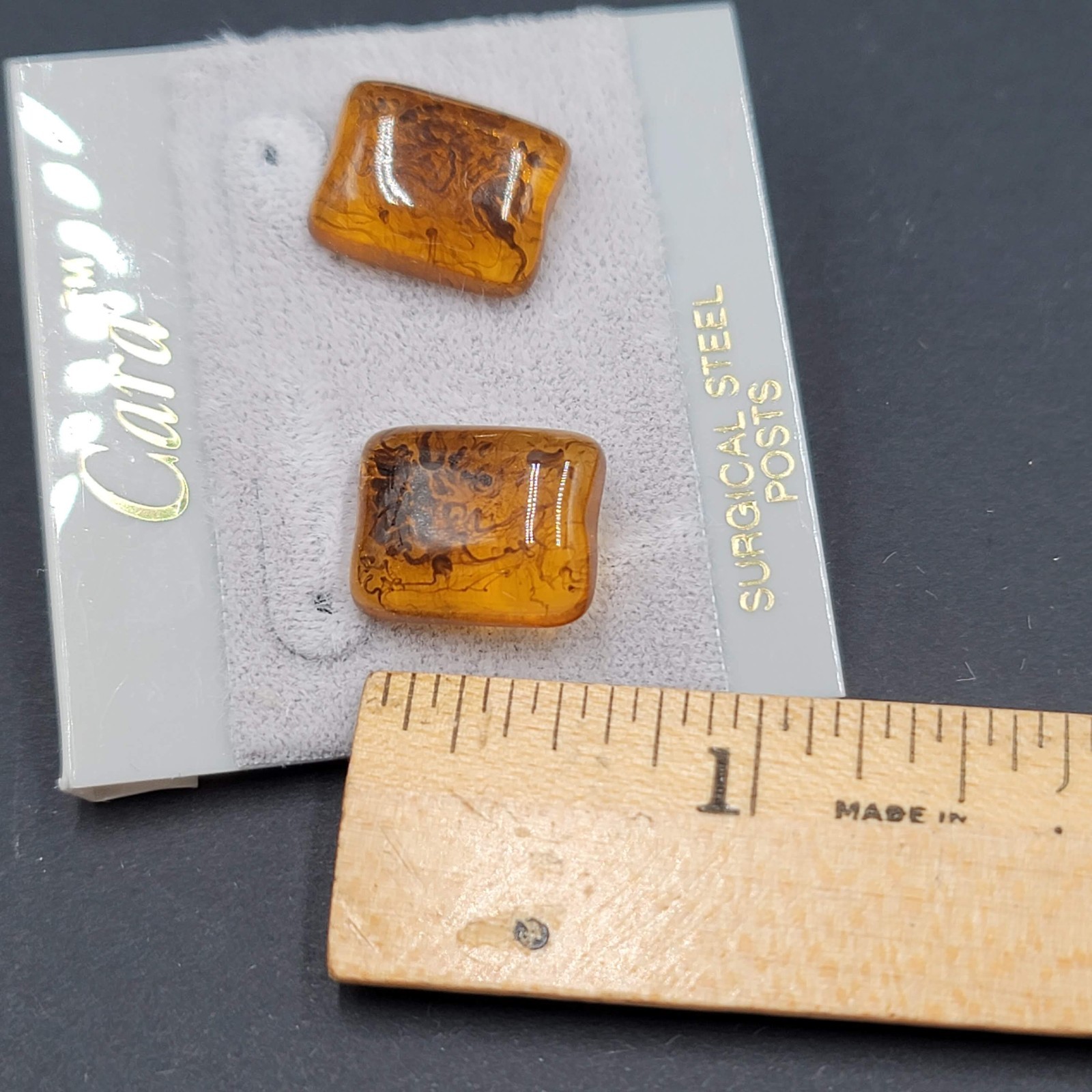 Vintage Amber Color Resin Cara Pierced Earrings New Old Stock 5/8″
