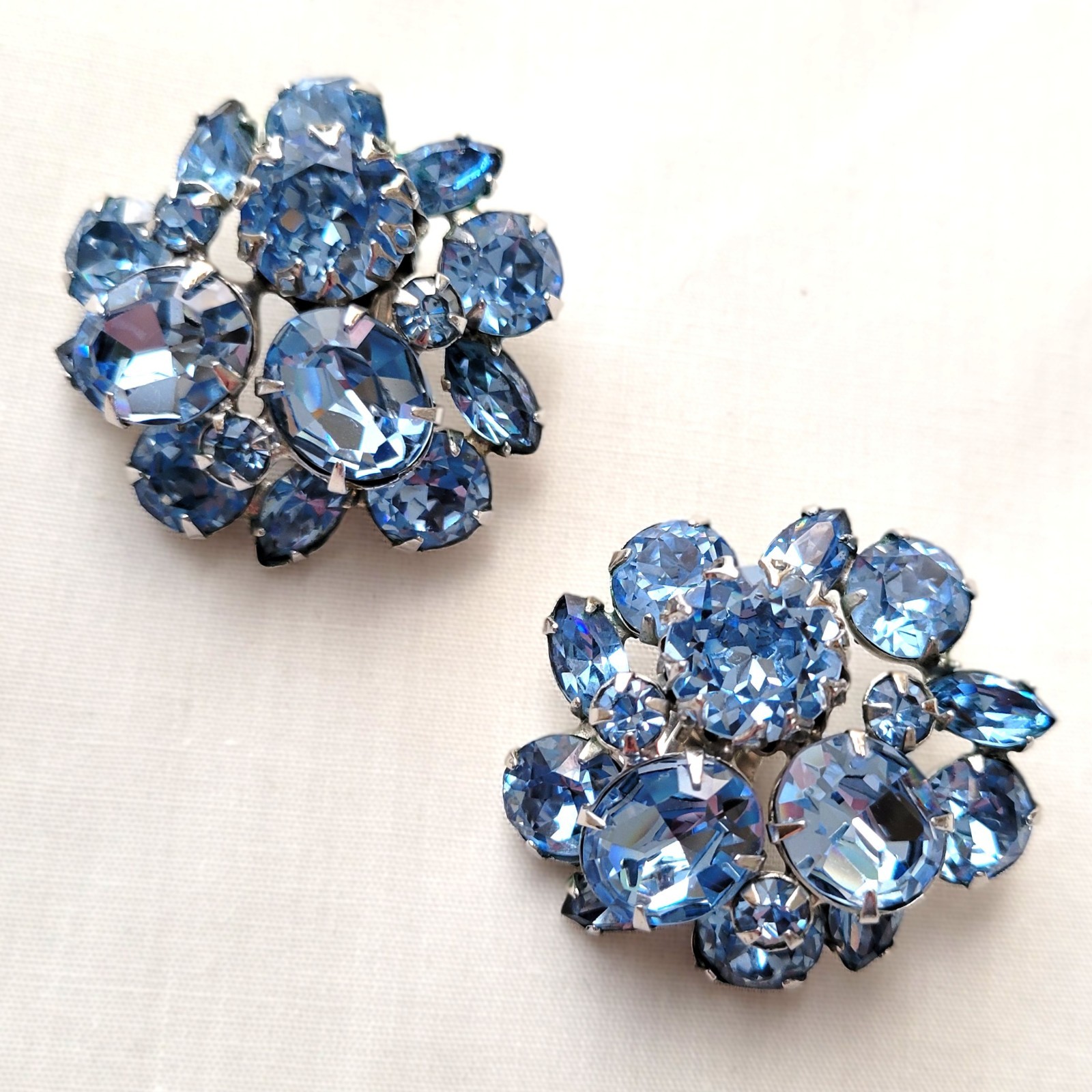 Blue Rhinestone Clip On Earrings Vtg 1950s Something Blue Wedding Statement Gift