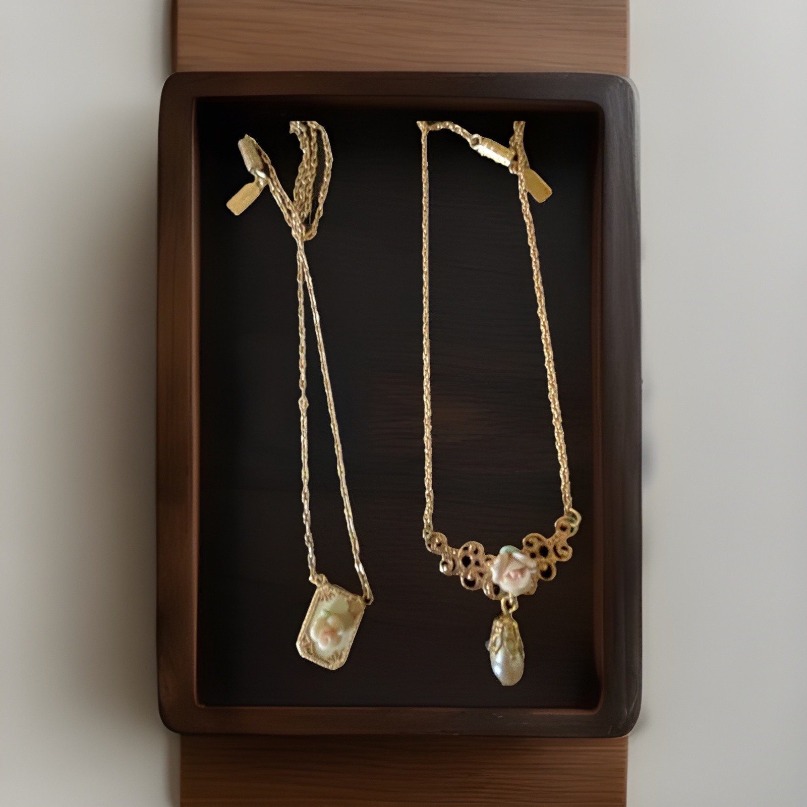 2 Vintage 1928 Jewelry Co Victorian Style Porcelain Roses & Faux Pearl Necklaces