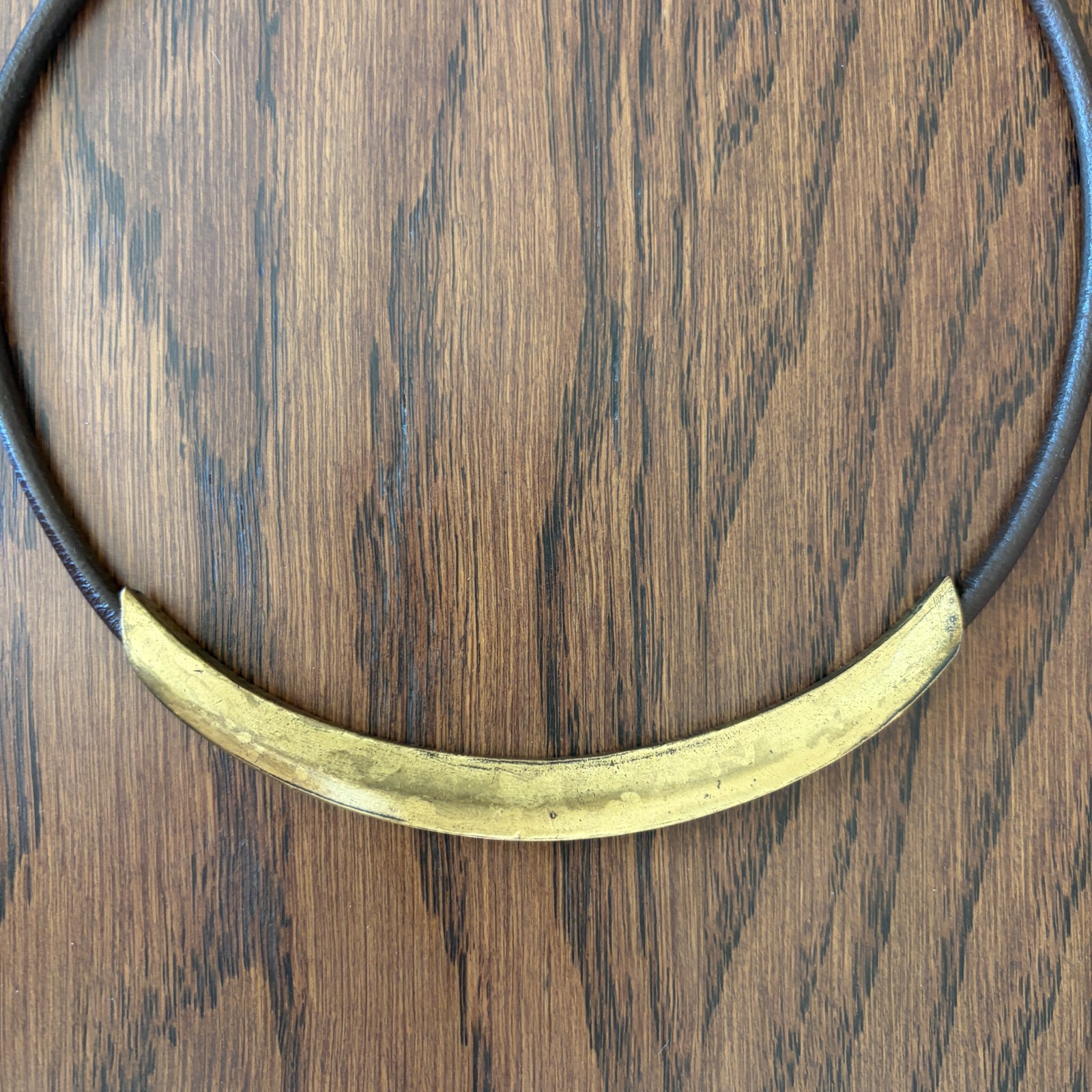 Vintage, Brass & Genuine Leather Collar Necklace, 17”(L) + 2” Extension