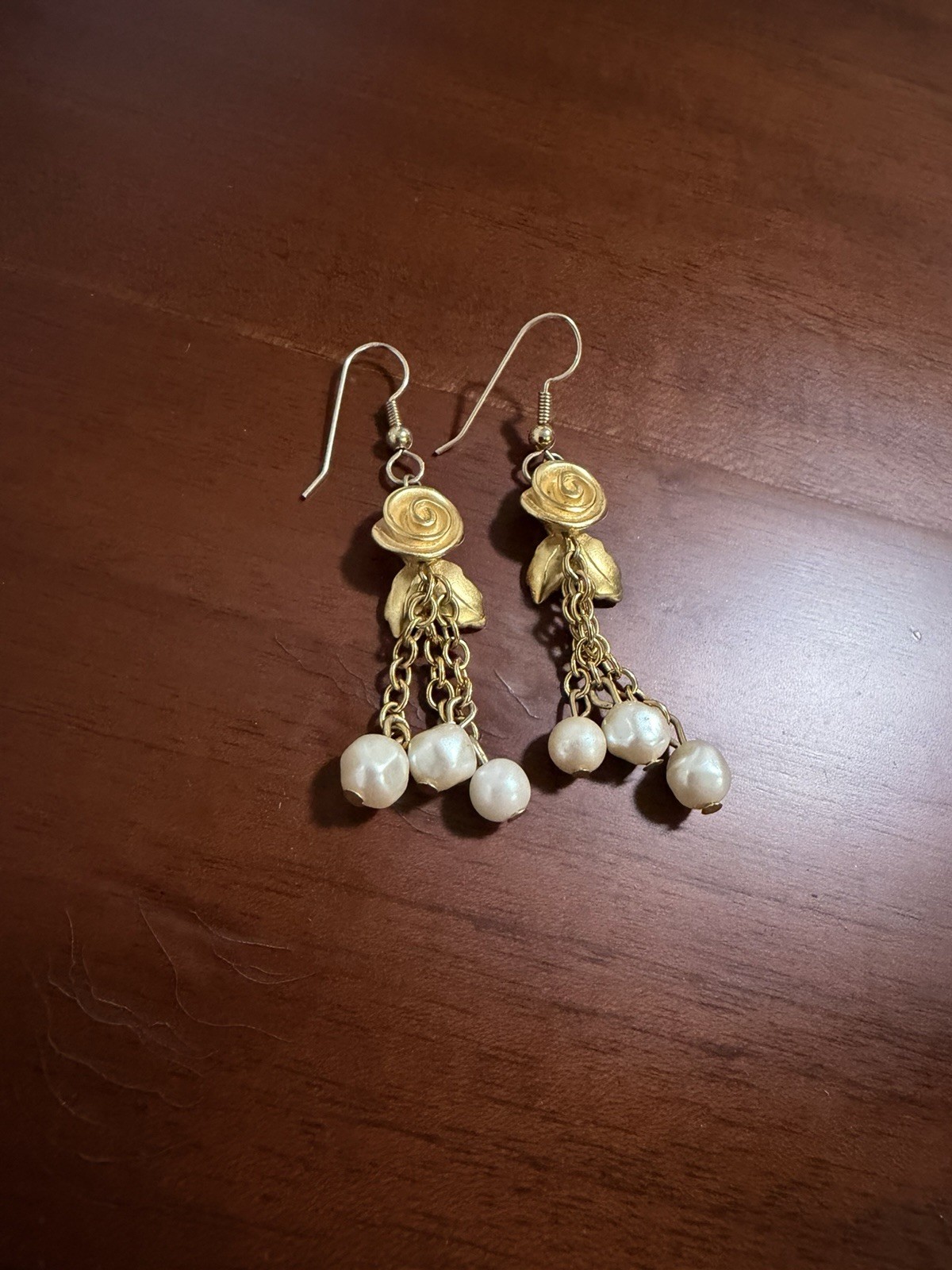 Vintage 1980s Givenchy Paris Gold Rose Flower Tassel Baroque Pearl Drop Earrings