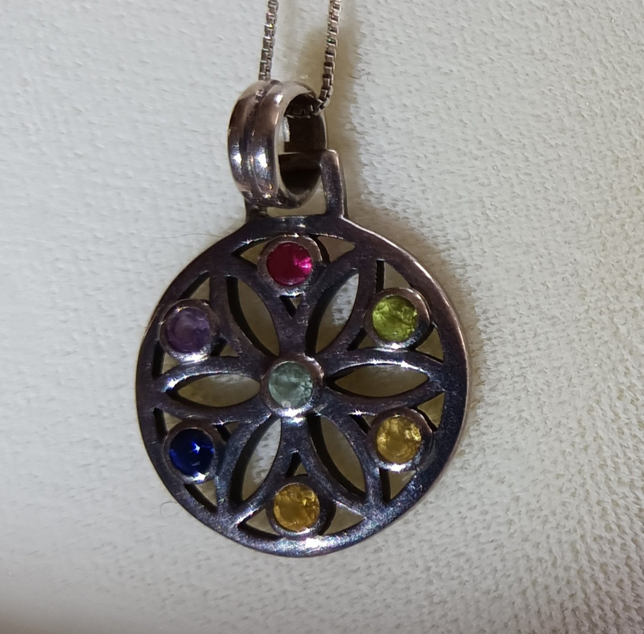 VINTAGE FLOWER OF LIFE .75″ DAIM 925 STERLING SILVER PENDANT GEMSTONES 18″ CHAIN
