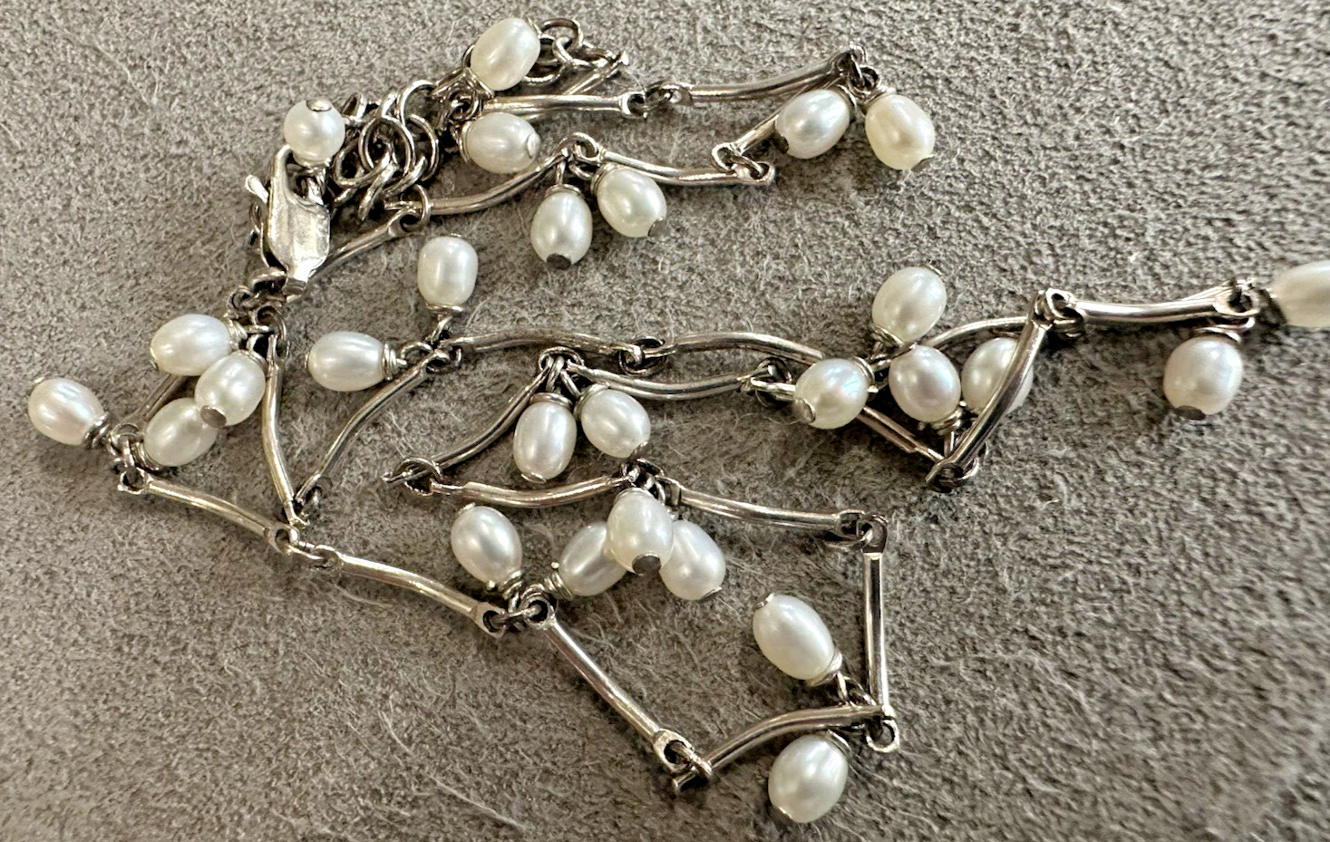Vintage Sterling Silver Multi Pearl Dangle Bar Link Necklace