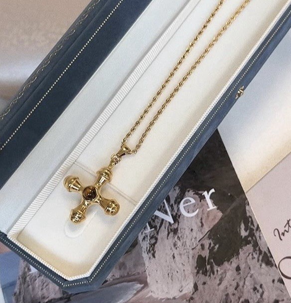 Trendy Vintage Metro Stainless Steel Tiger Eye Gemstone Cross Necklace