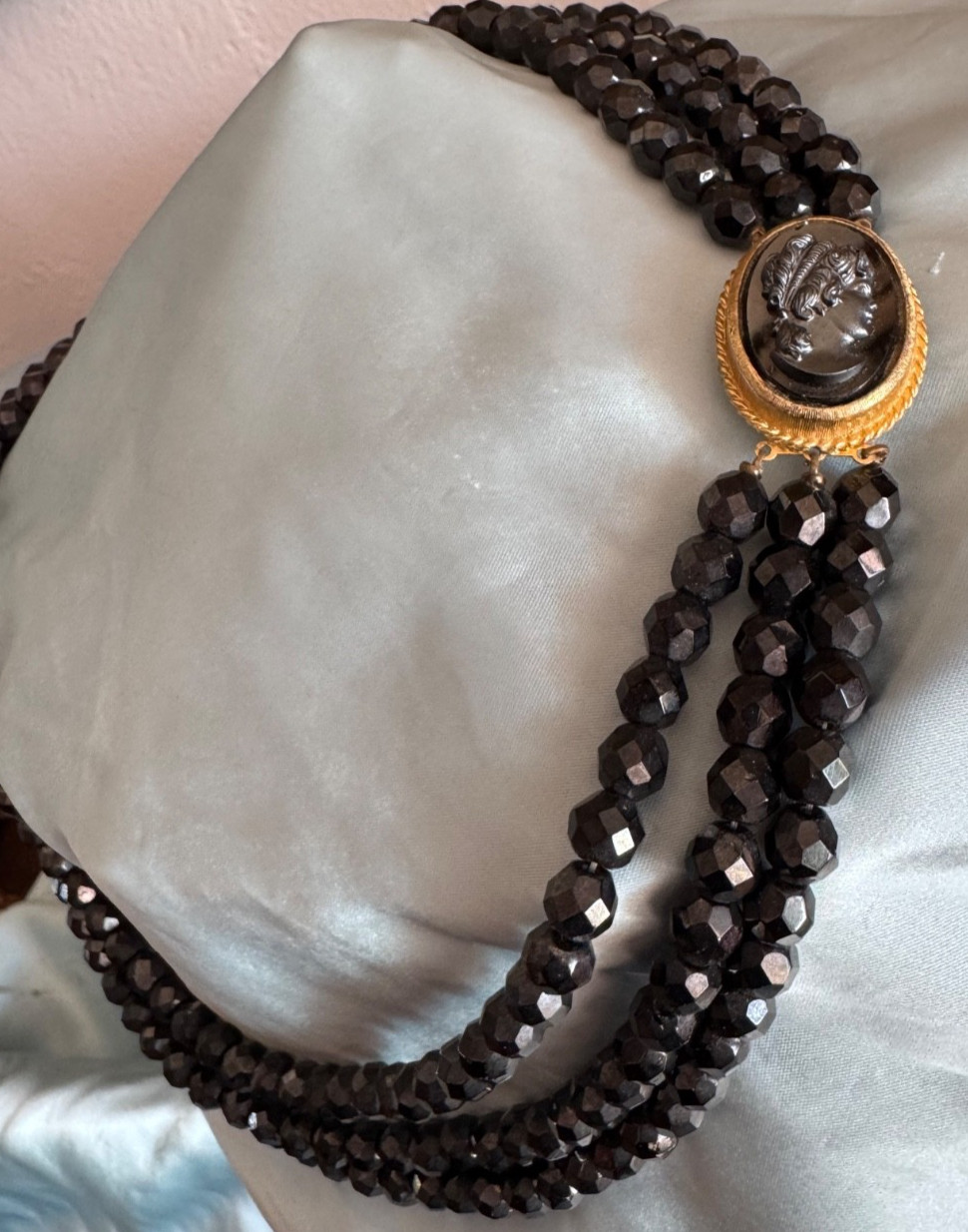 Vintage Necklace THREE STRAND FACETED CRYSTAL BEADS AND HEMATITE OVAL CAMEO 22″