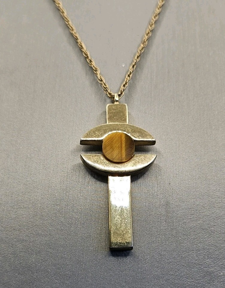 Vintage Whiting & Davis Pendant Necklace Tiger Eye Stone Mid Century MCM Gold19″