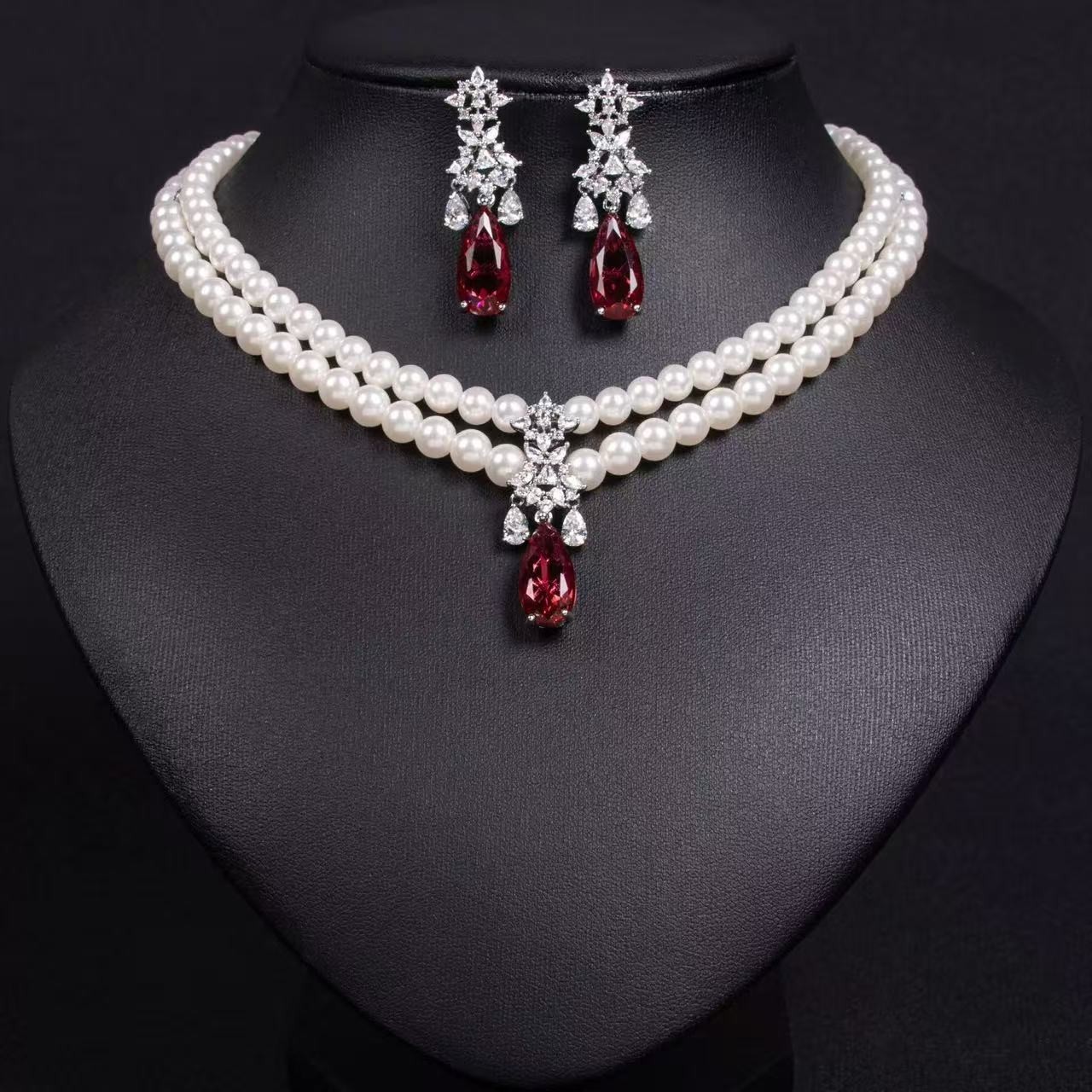Vintage Pearl Necklace Earrings Set Red Teardrop Crystal Bridal Jewelry