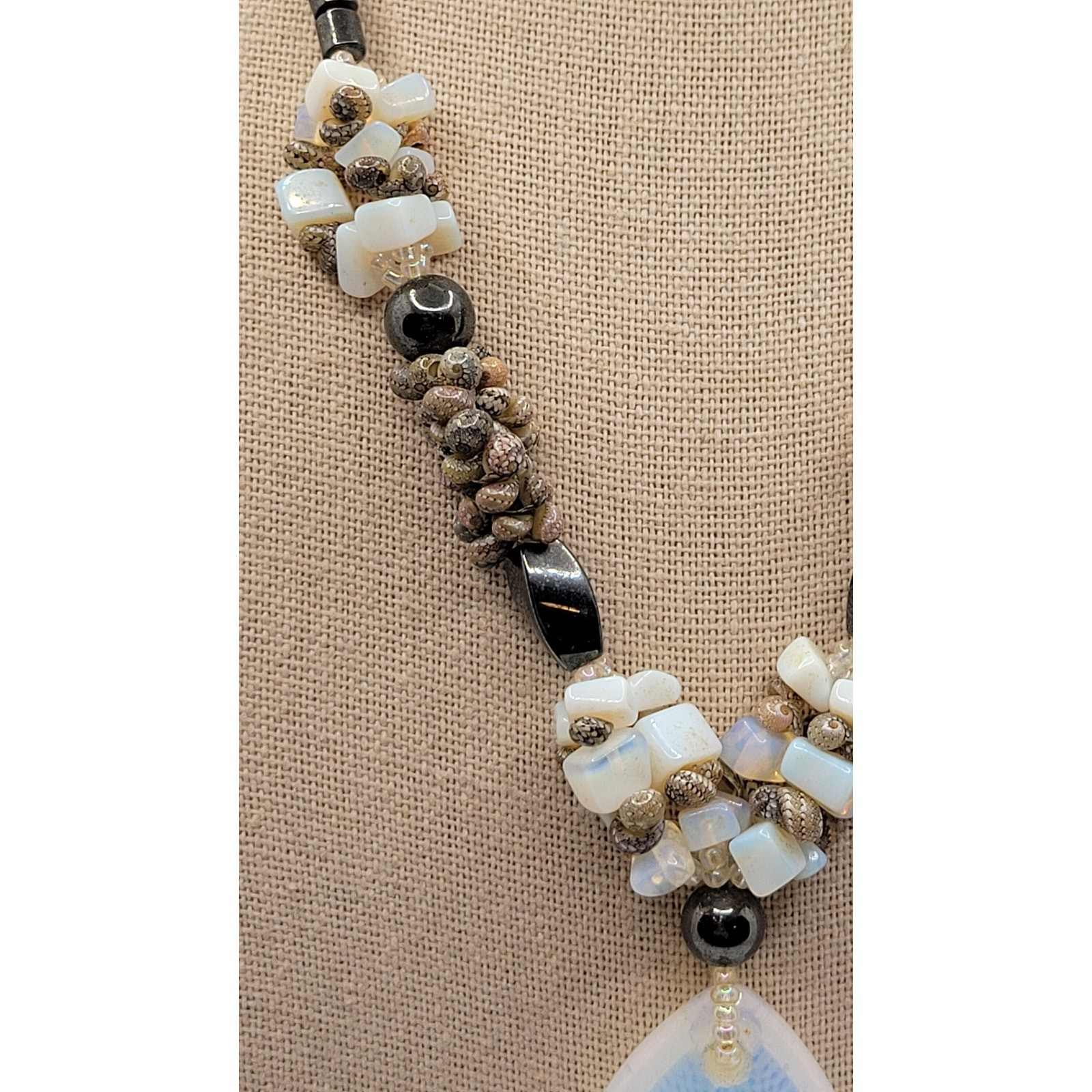 Moonstone Hematite Necklace Faux Opalite Pendant Tiny Shells Seed Bead Vintage