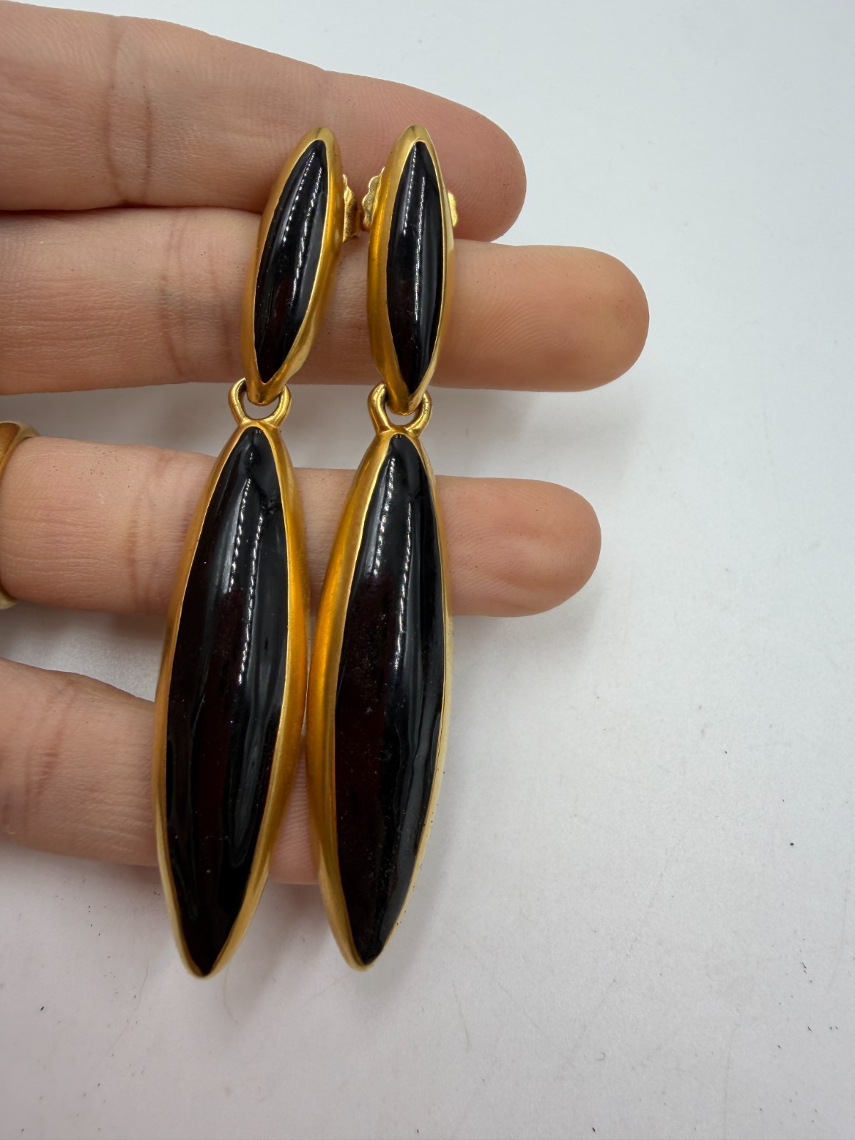 Vintage Earrings Black Enamel Pierced Elongated Statement Drop 3 Inches