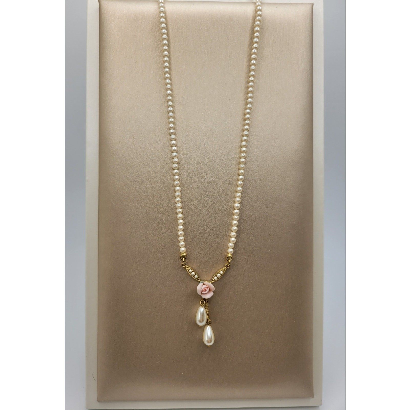 1928 Brand Pink Rose Pendant Necklace Faux Pearls Vintage Set Pierced Earrings