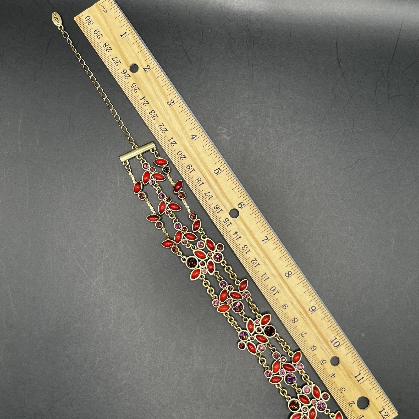 Pilgrim Danish Design Red Gold Tone W Purple Rhinestones Floral Choker Necklace