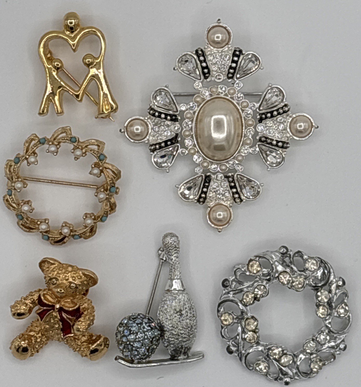 VTG Rhinestone Brooch Lot of 6 Silver Gold Tone Faux Pearl Bear Bowling Ring Etc