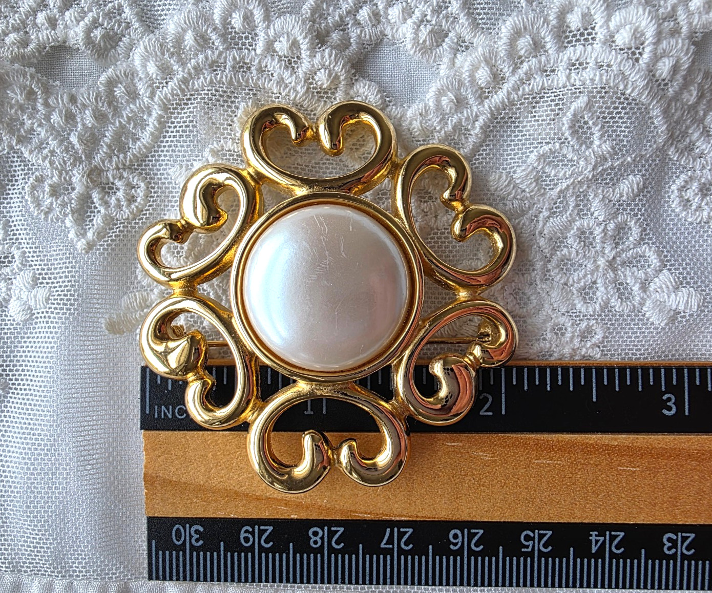 Vintage Signed Givenchy Brooch Pin Faux Pearl Open Work Gold Tone 2″