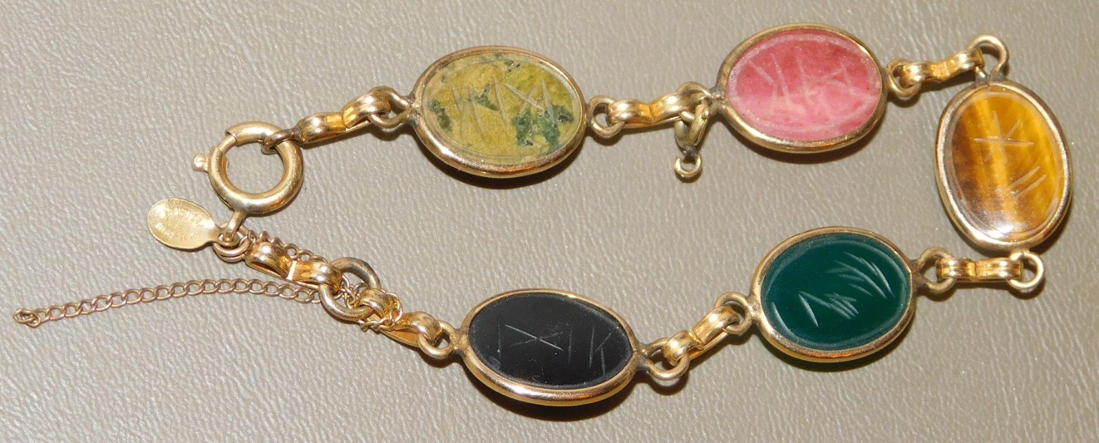 Bal-Ron Signed 5 Multicolor Scarab Link Bracelet 1/20 12k GF 7.50” L Vintage