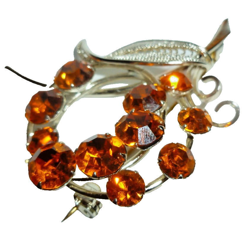 Vintage Faceted Rhinestone Leaf Brooch Silver Tone Filigree Branch Flower