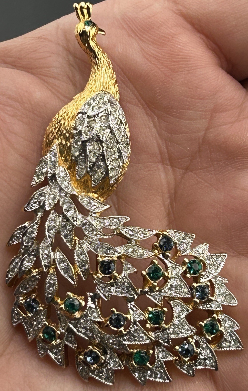 Designer (Panetta?) Signed Pave Rhinestone Peacock Brooch