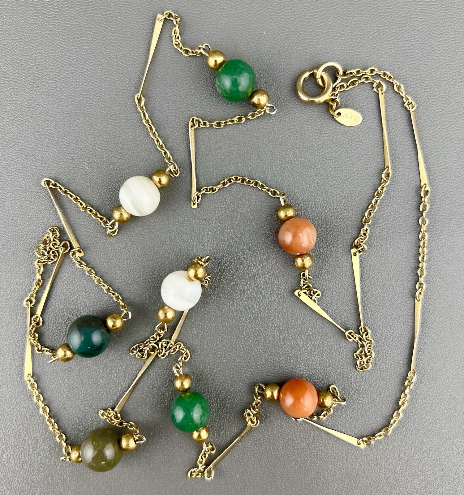 Vintage Jolaine Necklace Gemstone Bar Link Chain Gold Tone Signed Opera 40”