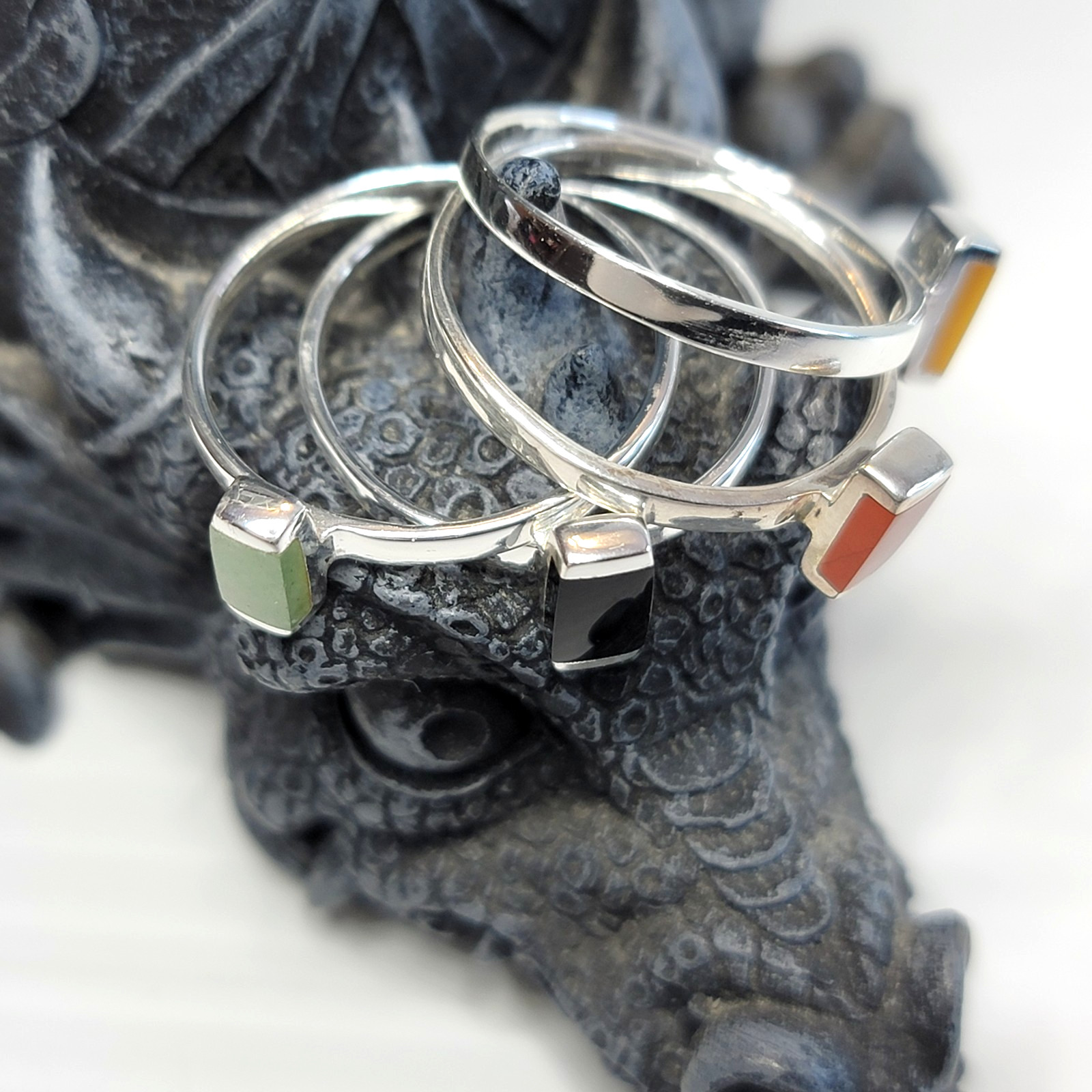 VTG Sterling Silver 925 Inlay Rings Set Of 4, Size 10, Stackable Onyx Aventurine