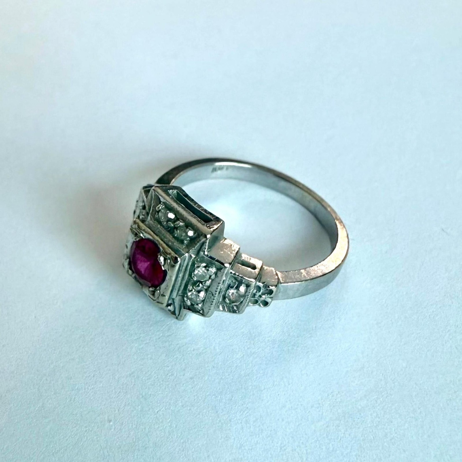 Vintage 14K White Gold Ruby Red Stone Ring Art Deco Estate Diamond Ring 5.75