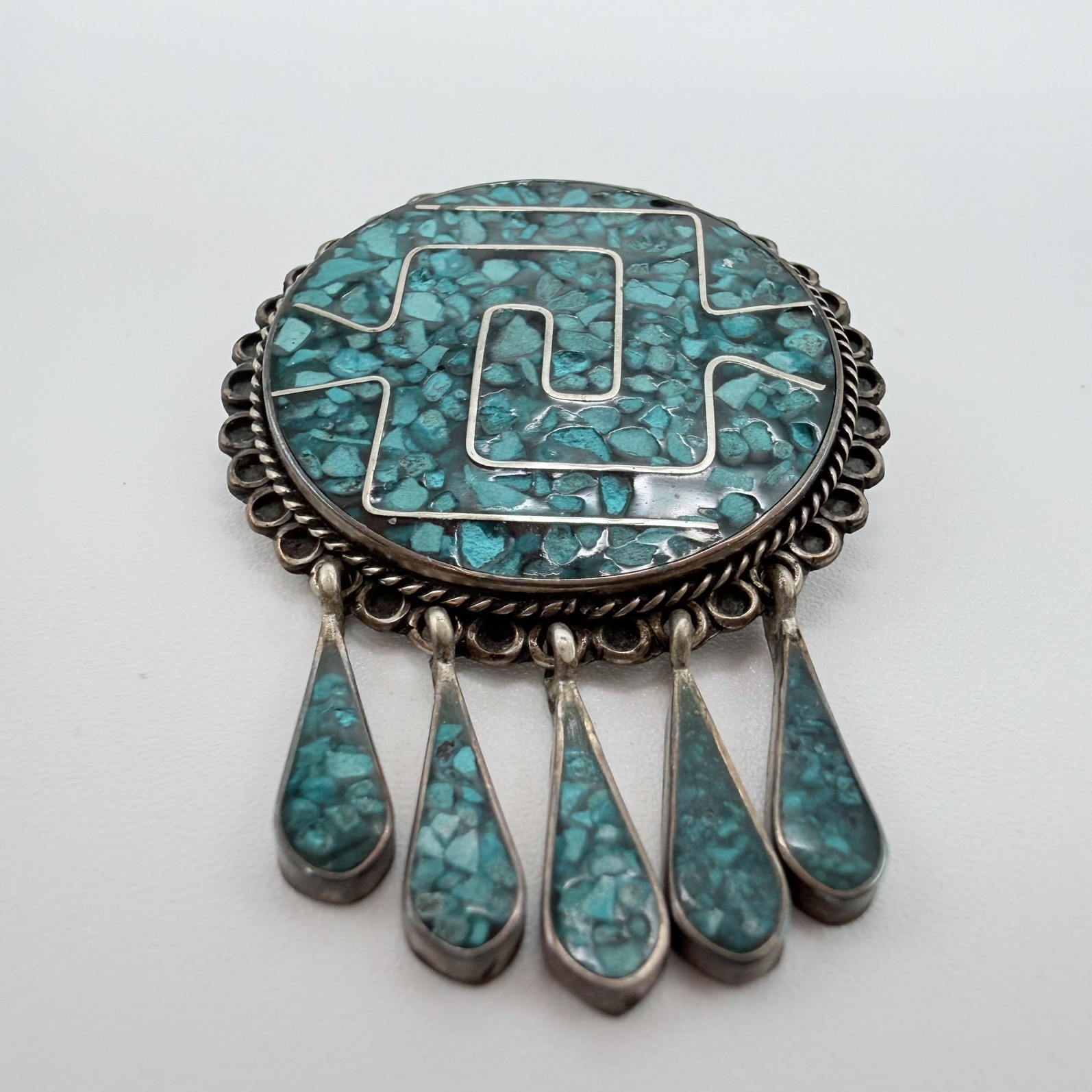 Vintage Southwest Turquoise 5 Teardrop .925 Silver Pendant Brooch Taxco Mexico