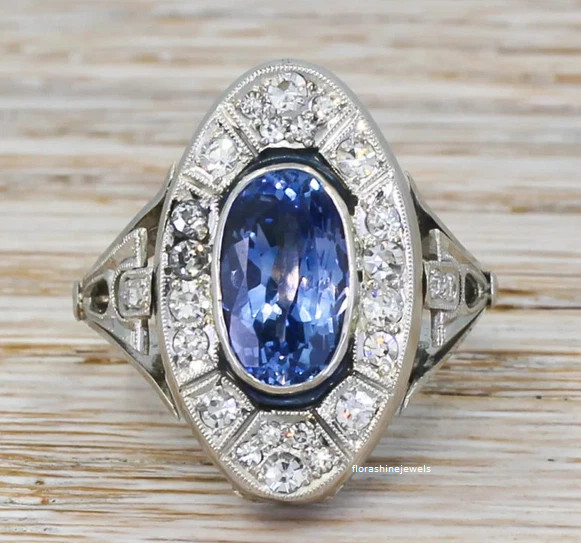 1900s Retro Vintage Style Bright Vivid Blue Sapphire With White CZ 925 Sliver