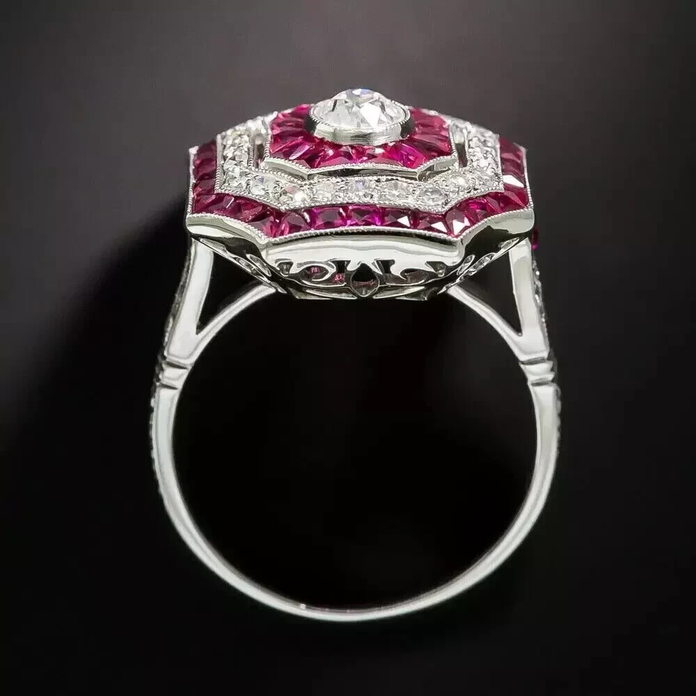 Art Deco Style Round Cut Lab Created Diamond Ruby Wedding 14K White Gold FN Ring