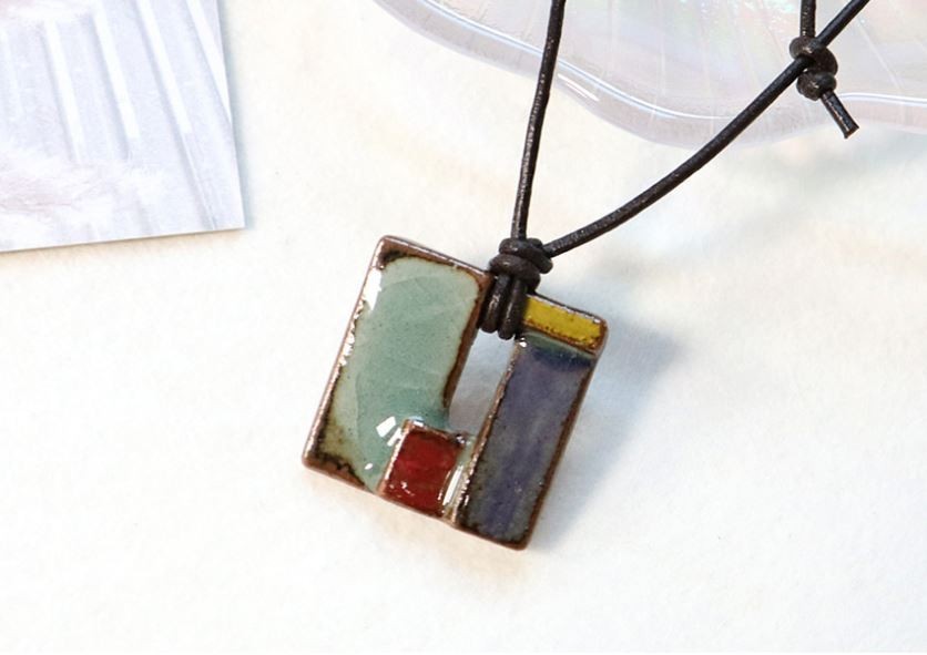 Korean Celadon Patchwork Square Necklace Handmade Ceramic Pendant
