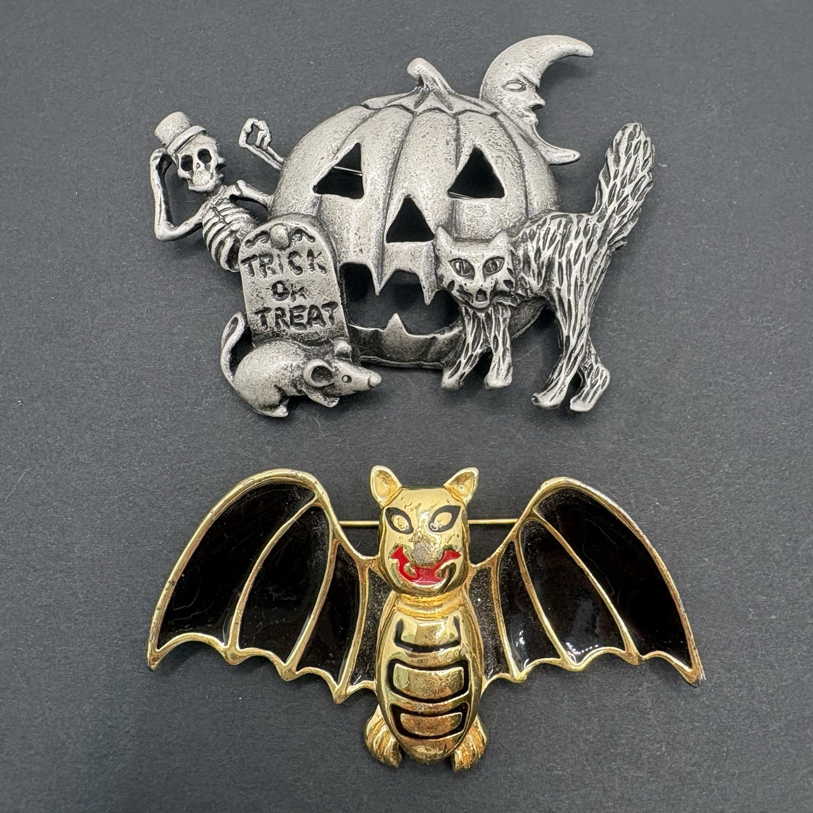 Vintage Lot of 2 Halloween Bat Brooches Pumpkin Skeleton Cat AJC Unsigned