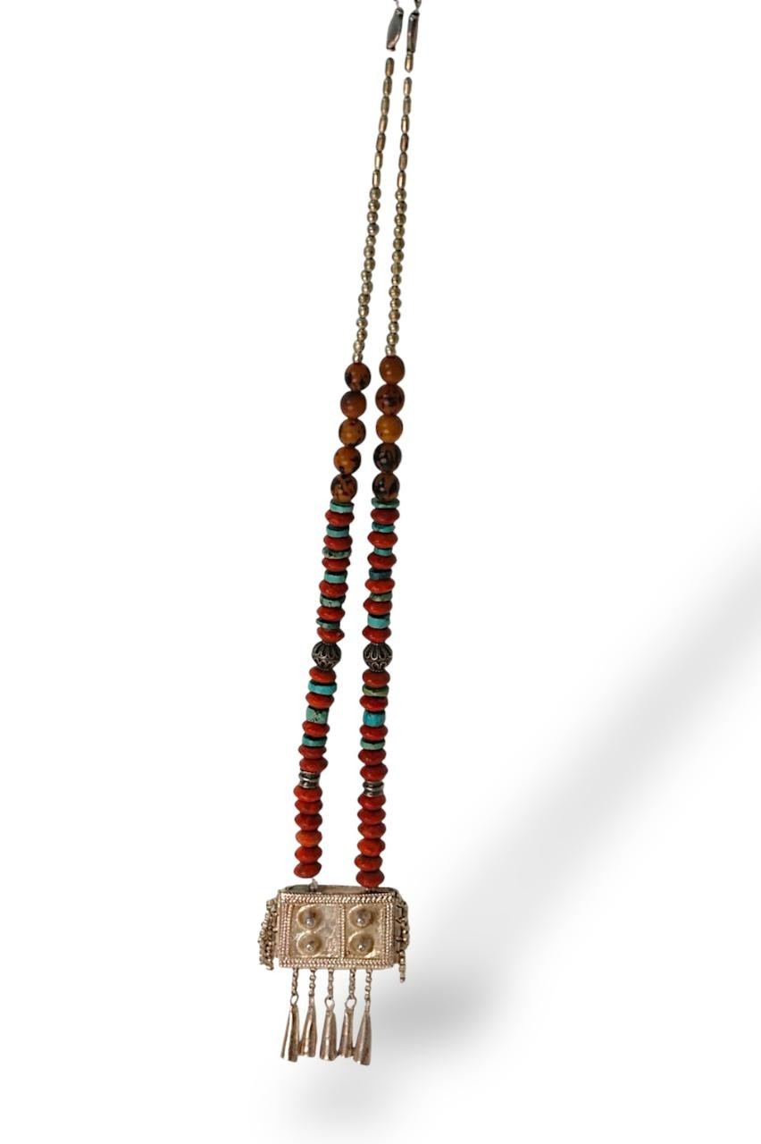 Vintage Yemeni Silver Hirz Necklace 45cm Handmade Carnelian Turquoise Tribal