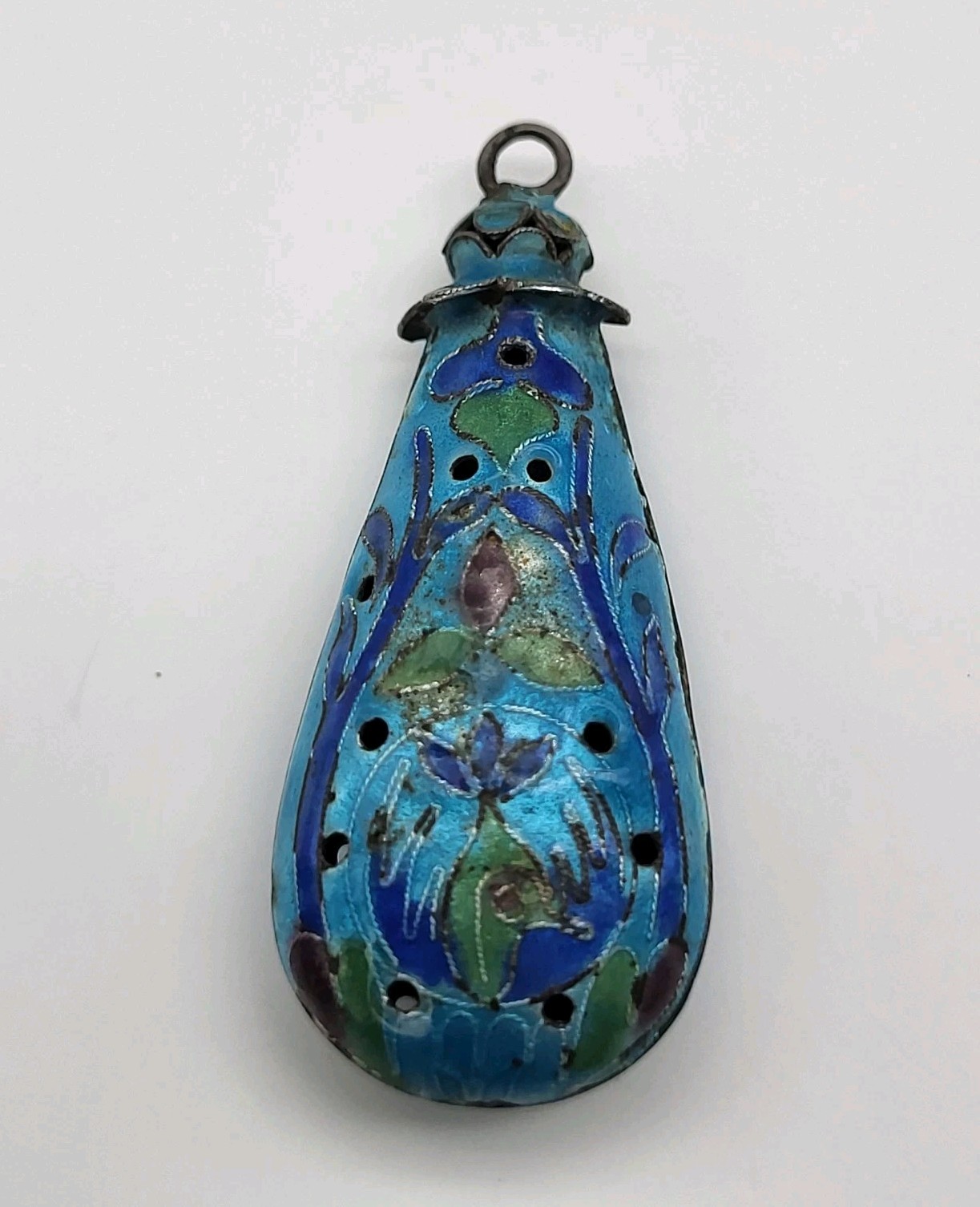 Beautiful Blue Enamel Cloissone pierced pendant Silver Chinese Export estate
