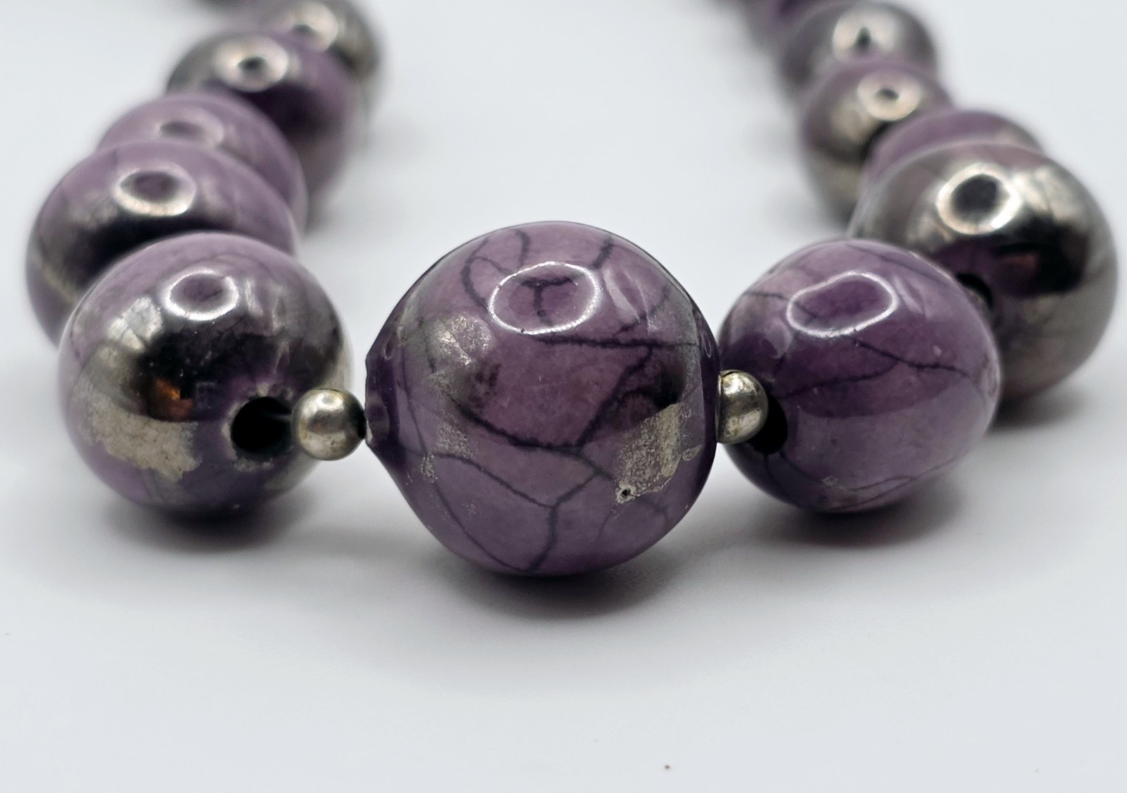 Vintage Sterling Silver Purple Ceramic Beaded Necklace 30″ Long Metallic