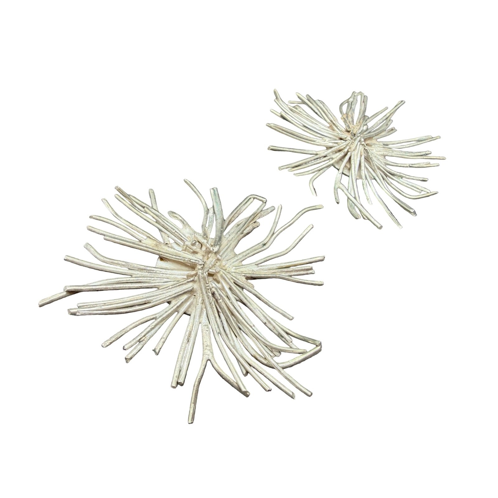 1970s Brutalist Sterling Silver Wire Starburst Statement Clip Earrings