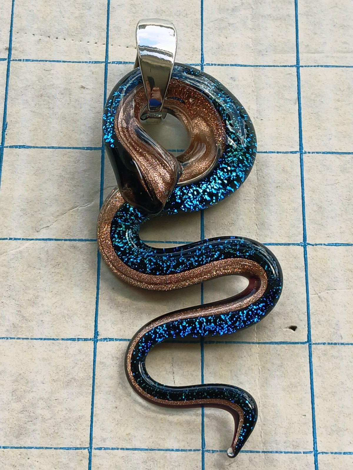 Murano Dichroic Art Glass Snake Pendant Vintage Necklace Silver Signed Marked