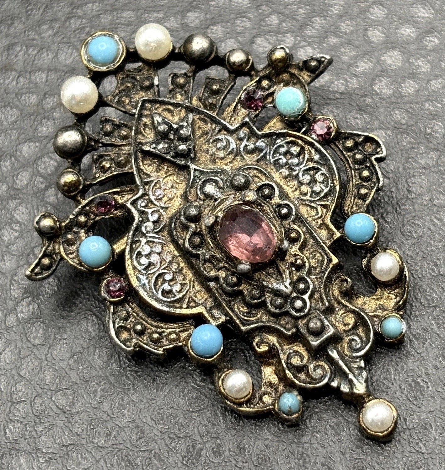 Vintage Etruscan Style Victorian Revival Brooch Faux Turquoise Rhinestone Ornate