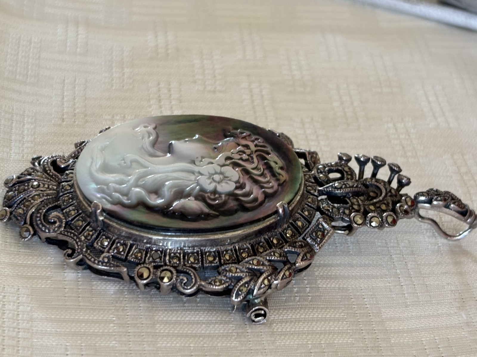 Antique German Art Deco 925 Sterling Silver Marcasite Cameo Brooch Pendant 33.2g