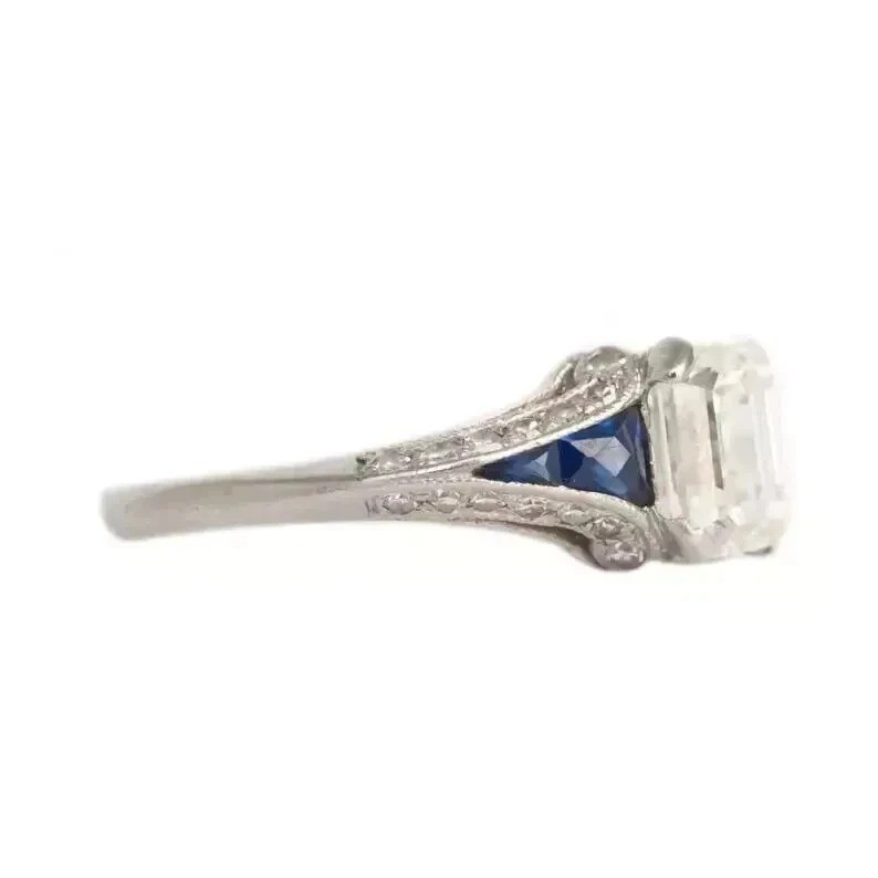 Art Deco Style Emerald Cut Lab Created Diamond Engagement 14K White Gold FN Ring