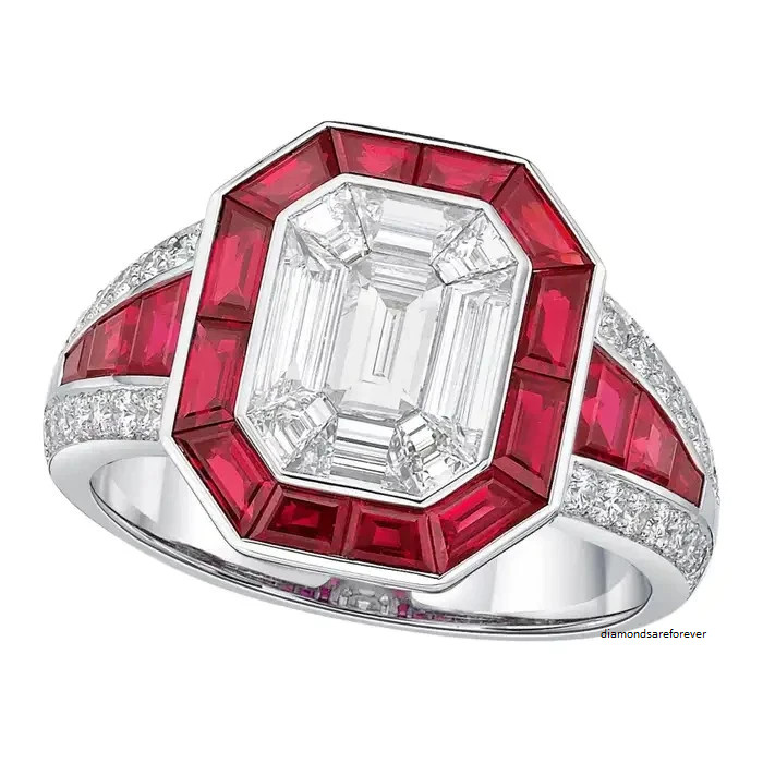Art Deco Style 4Ct Emerald Moissanite Halo Ruby Wedding 14K White Gold Finish