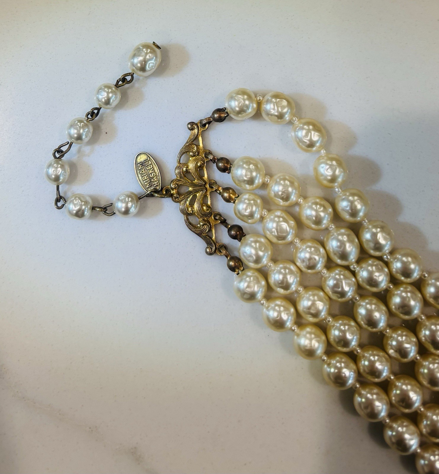VTG SIGNED Miriam Haskell BAROQUE PEARL NECKLACE VINTAGE CHOKER 5 STRAND