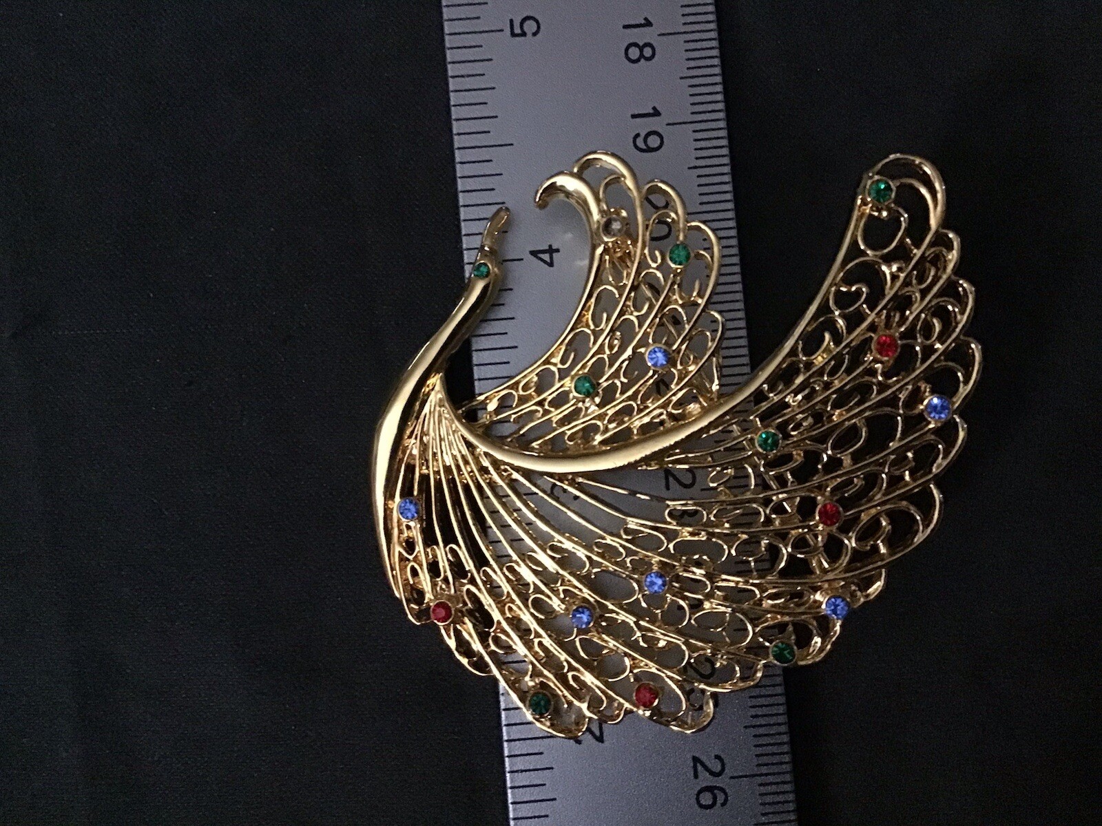 Vtg Peacock GoldT Brooch Multi Color Rhinestones Statement Trendy Style 3”