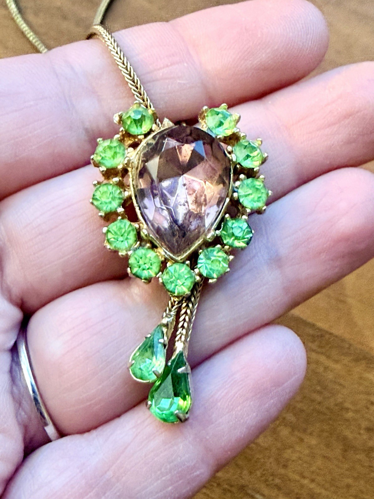Vtg Estate MCM Purple And Neon Green Glass Stone Teardrop Pendant Bolo Necklace
